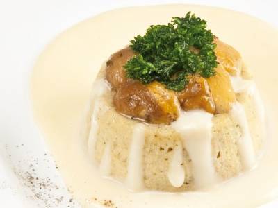 Porcini mushroom tortino with four cheeses cream